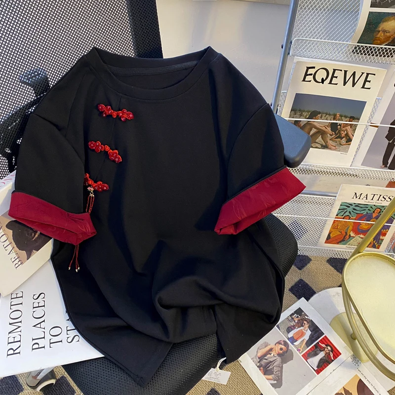 New Vintage Style Disc Buckle Round Neck White Short-sleeved T-shirt Women 2024 Summer New Looser Thin Y2k Top