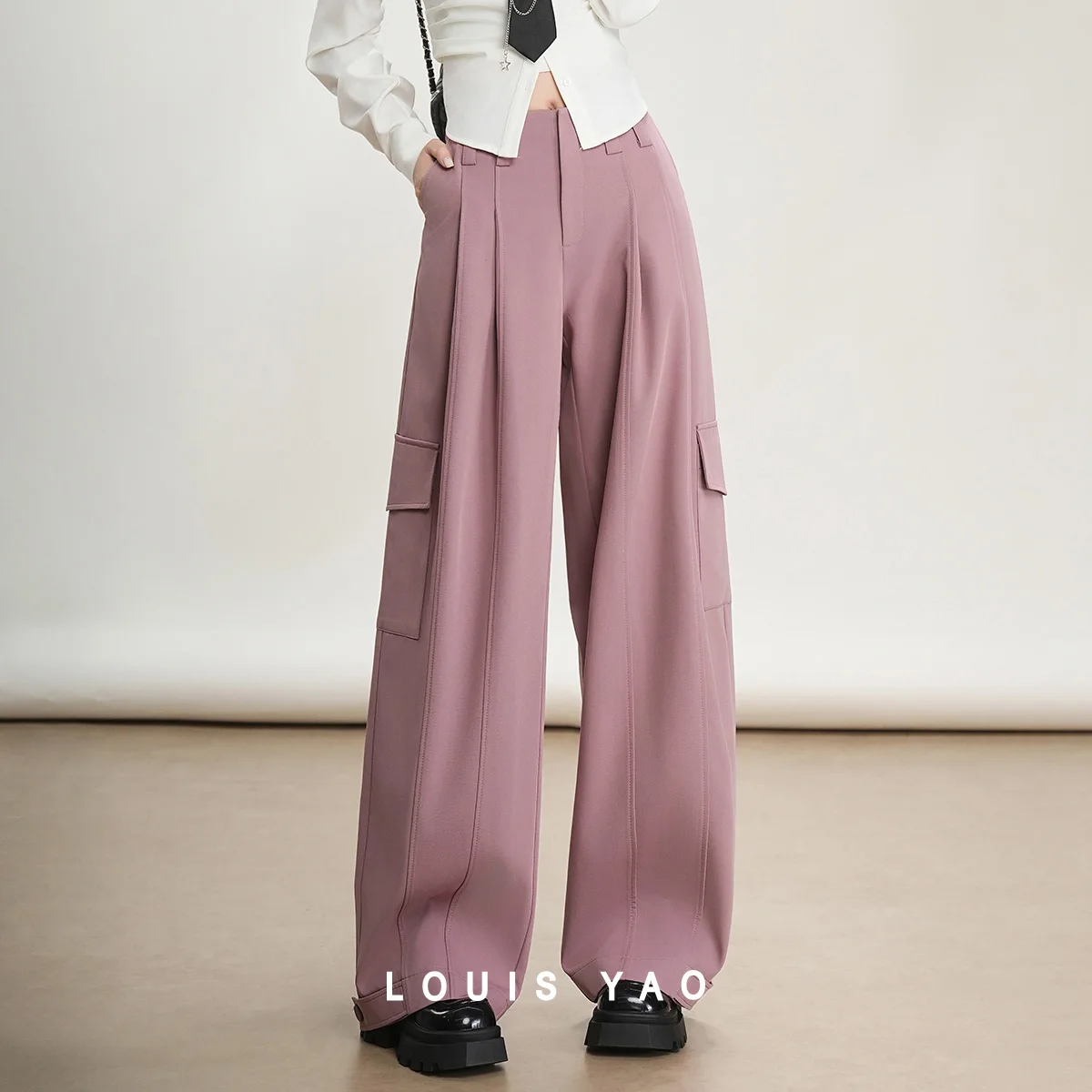 

LOUIS YAO Adjustable Leg Design Wide Leg Pants 2025 Autumn Large Pocket Loose Trousers Woman Non Elastic Long Casual Pants