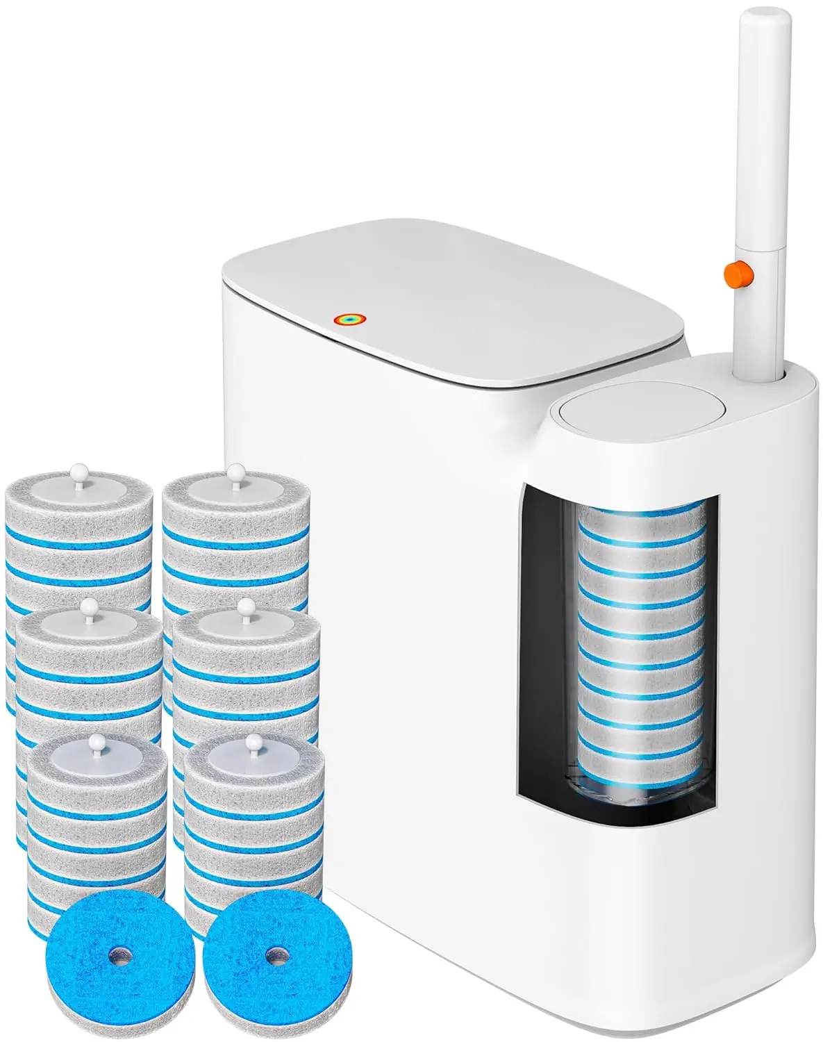 

Bathroom Trash Can Set - Narrow White Plastic Trash can, a Toilet Wand, Toilet Brush Holder and 36 Refills,