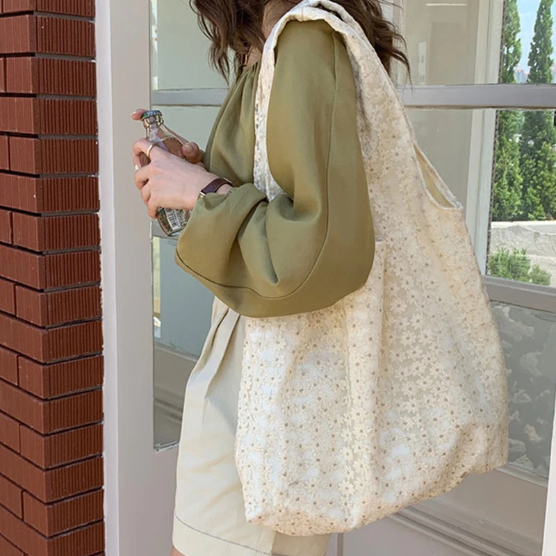 

Сумка-тоут с цветочным принтом и вышивкой, сумка из двойной пряжи из органзы, тканевые сумки, сумка с вышивкой и цветами, высококачественная эко-сумка для покупок