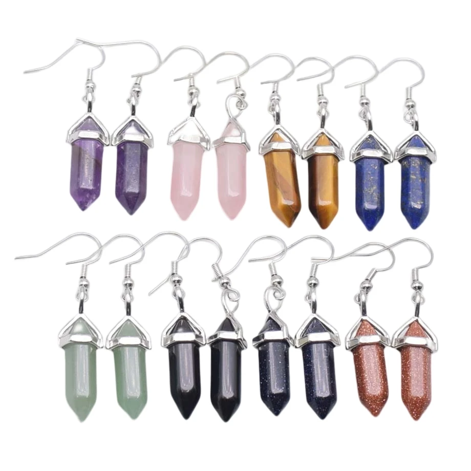 New Hexagonal Reiki Natural Amethysts Aventurine Stone Bead Drop Earrings Bicone Faceted Hook Women Earring Decoration Jewelry