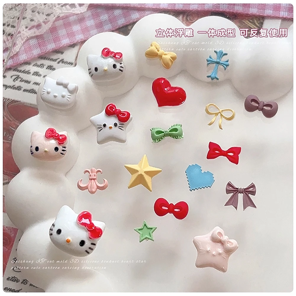 Kawaii 3d olá kitty esculpido molde de arte de unha adesivo y2k cabeça de gatinho bownot cruz coração design unhas estênceis decalques diy ferramentas de unhas