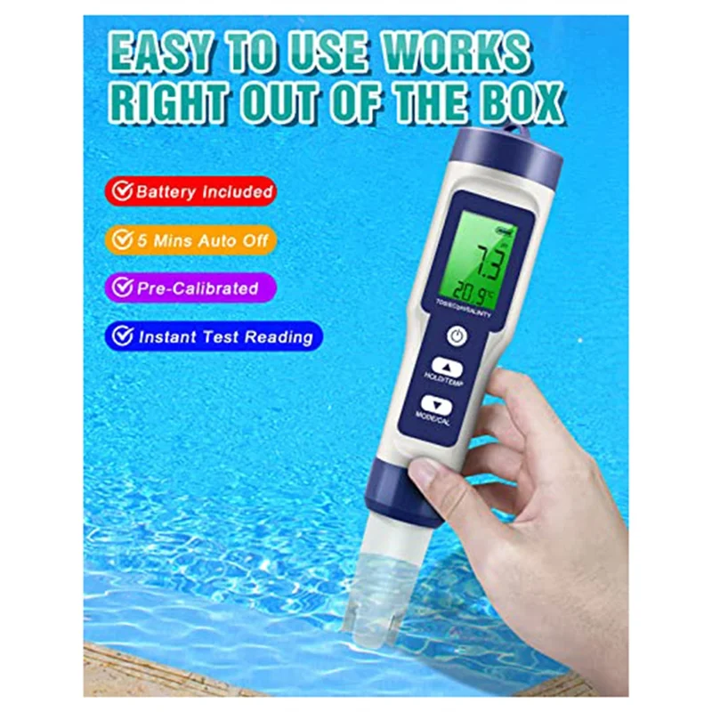 A60F-0-14 PH Meter 5 In 1 TDS/EC/SALT/TEMP/PH Meter For Drinking Water, Pool And Fish Tank