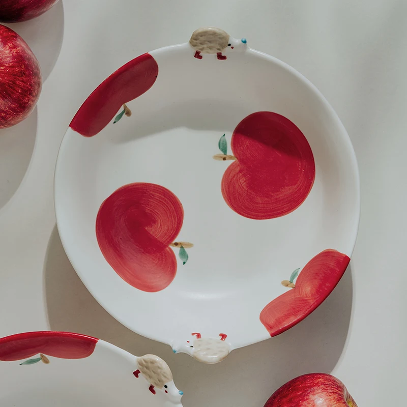 Lovely Hand-painted Embossed Apple Animal Bowl Matte Coarse Terra-Cotta Japanese Underglaze Irregular Ceramic