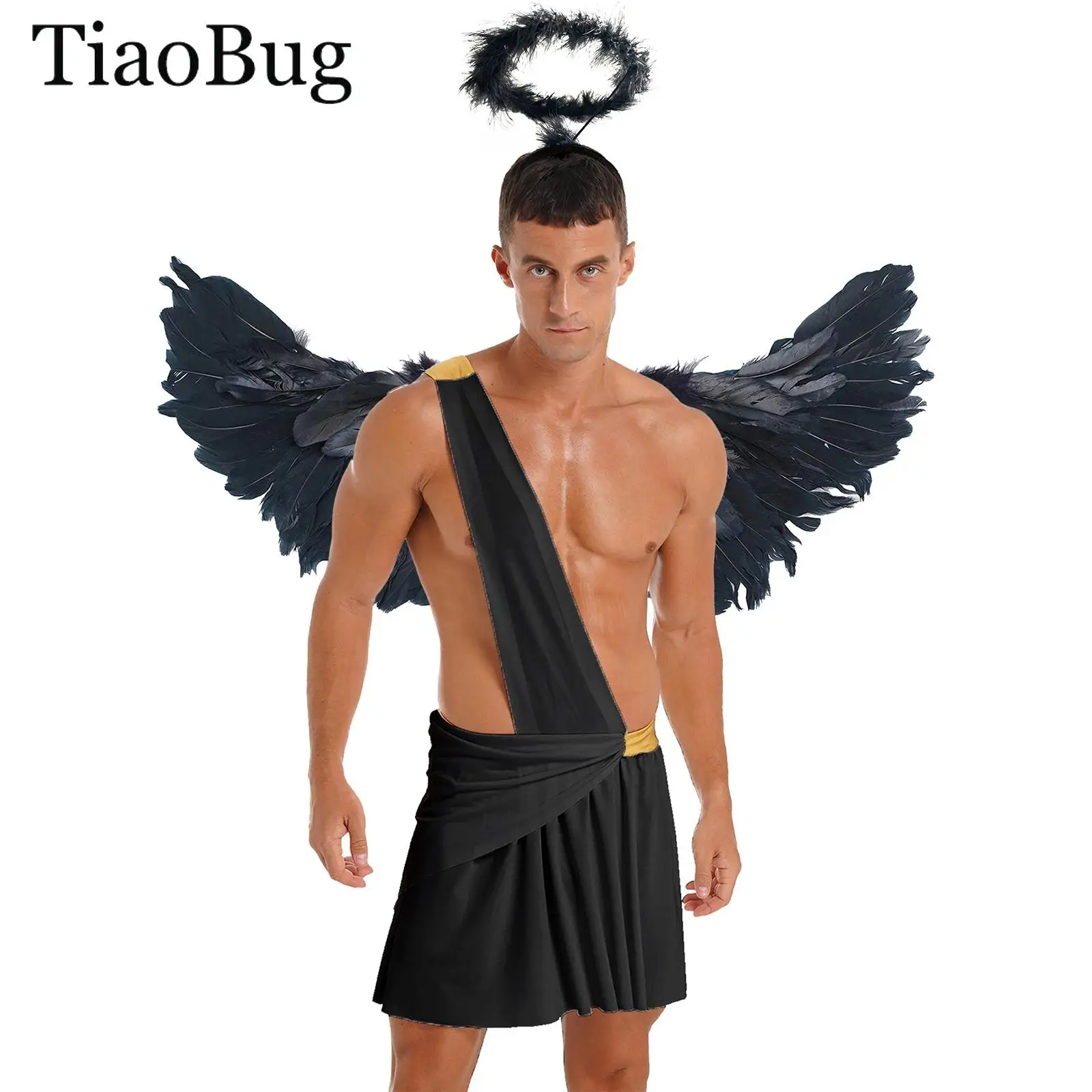 

Men Ancient Greek God Halloween Costume One Shoulder Strap Skirt with Feather Angel Wing Hair Hoop Knight Warrior Theatrical Set