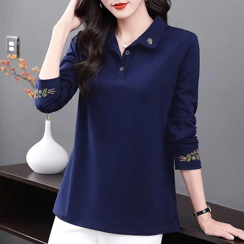 Women\'s Vintage Embroidery Polo Collar Elegant T-shirts Spring Autumn Korean Fashion Casual Long Sleeve Loose Tops Ropa De Mujer