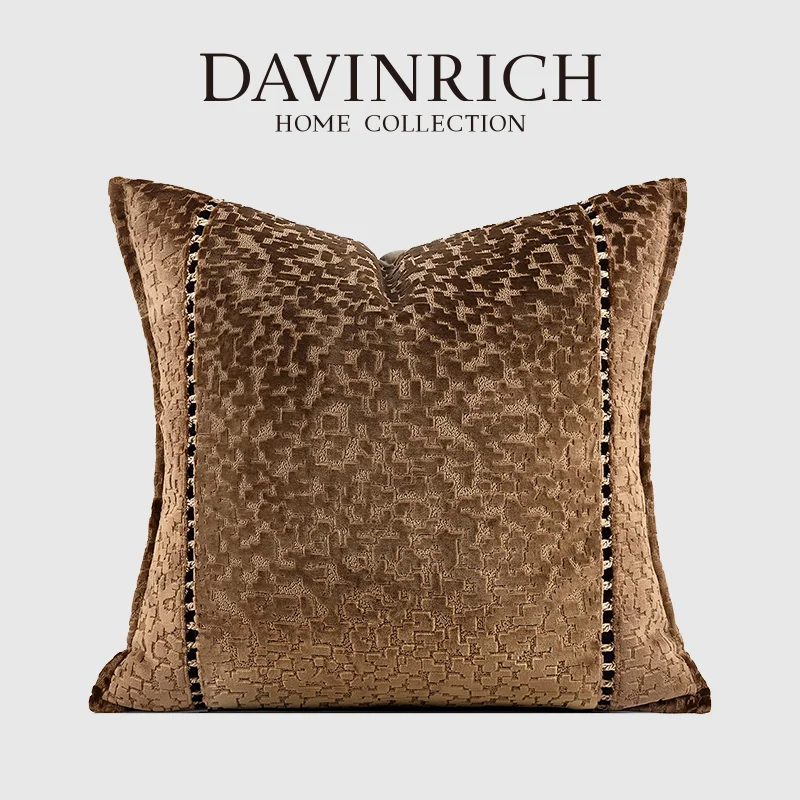 DAVINRICH Distinctive Style Cushion Covers Dark Brown Cut Velvet Geometric Pattern Pillow Case With Gold Trim Modern Interior
