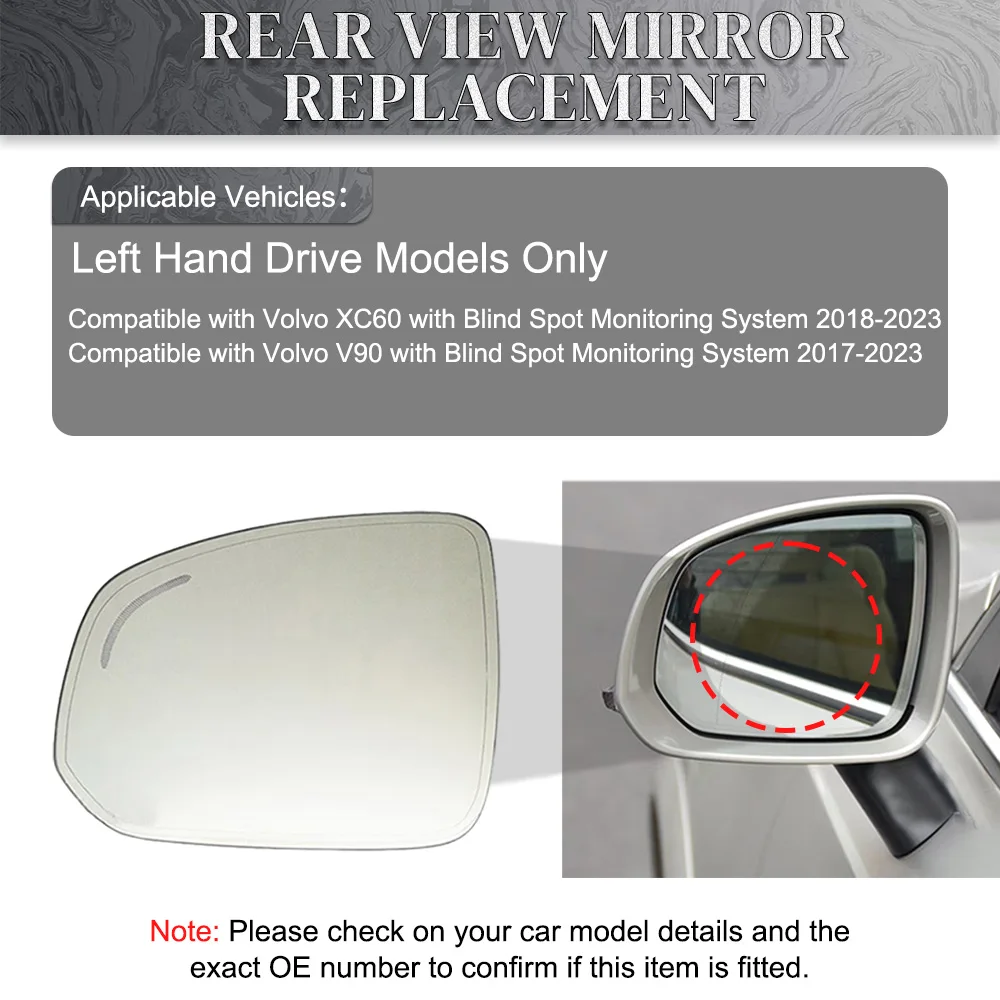 Left/ Right for Volvo XC60 with Blind Spot Monitoring System 2018-2023 Convex Rearview Mirror Glass Heated w/Blind Spot