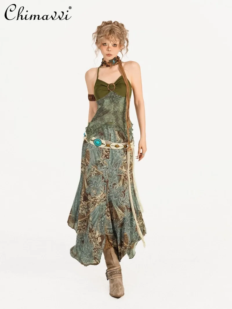 

American Summer Dark Ethnic Style Irregular Sling Vest with Long Loose Skirt Suit for Women