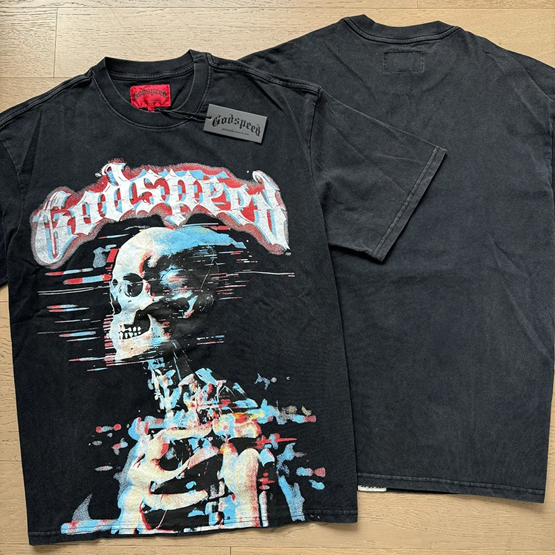 

Luxury Design GOD SPEED Men's T-shirts Rock Street Retro Washed Vintage Printed Logo Top Tees Designer Brand Men's T-shirts