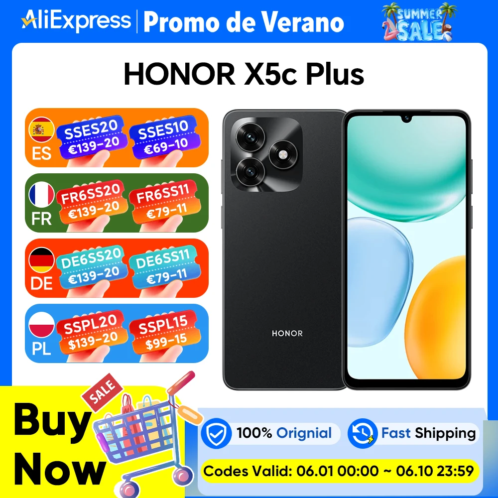 HONOR X5c Plus 4G, version européenne, smartphone 4G, batterie 5260 mAh, appareil photo principal 50 MP, processeur MTK Octa-core, écran LCD 6,74 pouces