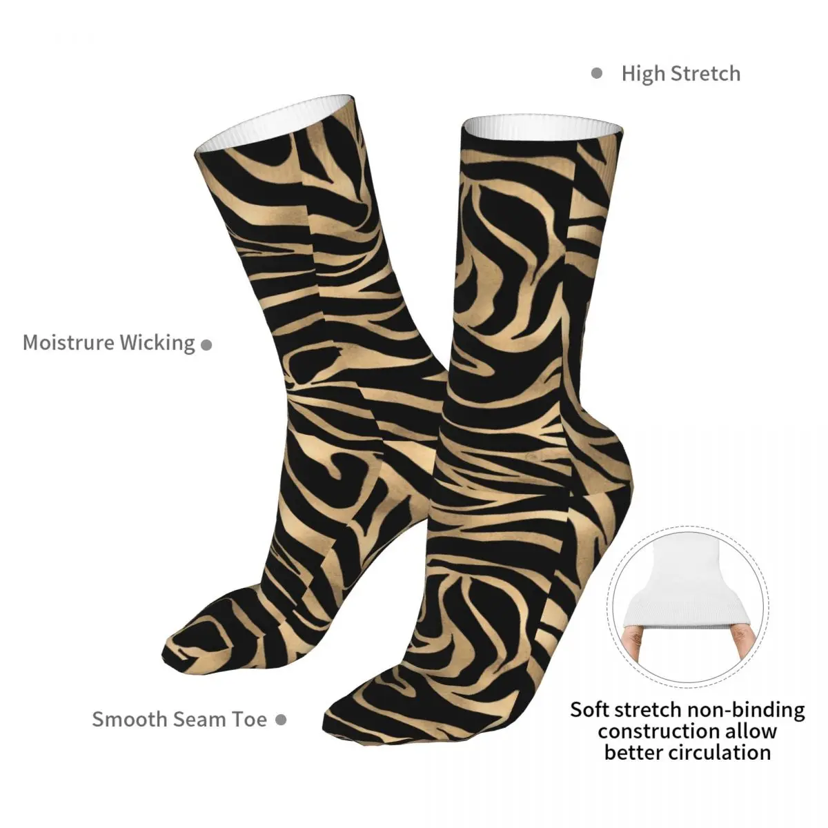 Fashion Socks Men's Women's Harajuku Metallic Gold Zebra Black Animal Print Socks Skateboard Socks Spring Summer Autumn Winter