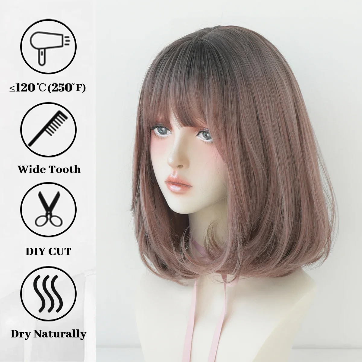 Perruque Bob Synthétique Courte et Droite avec Frange pour Femme, Cheveux Naturels, Marron, Rose, Noir, Degré de Chaleur, 03/Cosplay