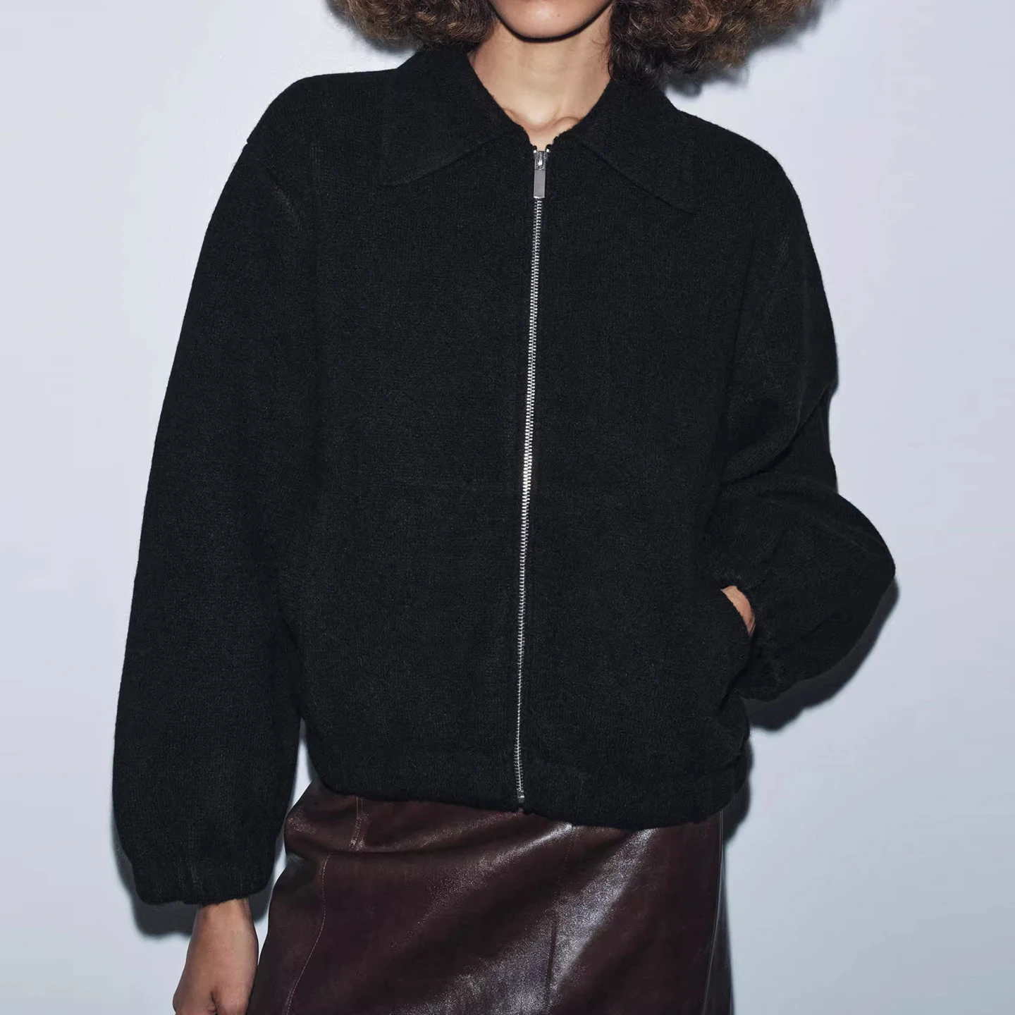 Z Women's Faion Pilot Knitted Jaet Zipper Collar Personali ort Outerwear Casual Loose Fit Long Sve Autumn Coat