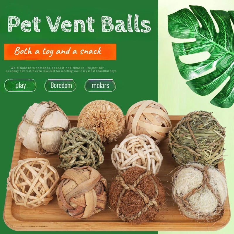 Braided Ball for Chewing Pet, Guinea Pig, Rabbit, Hamster, Small Animal Play, Interactive Chew Toy, Natural Grass Ball, 7cm