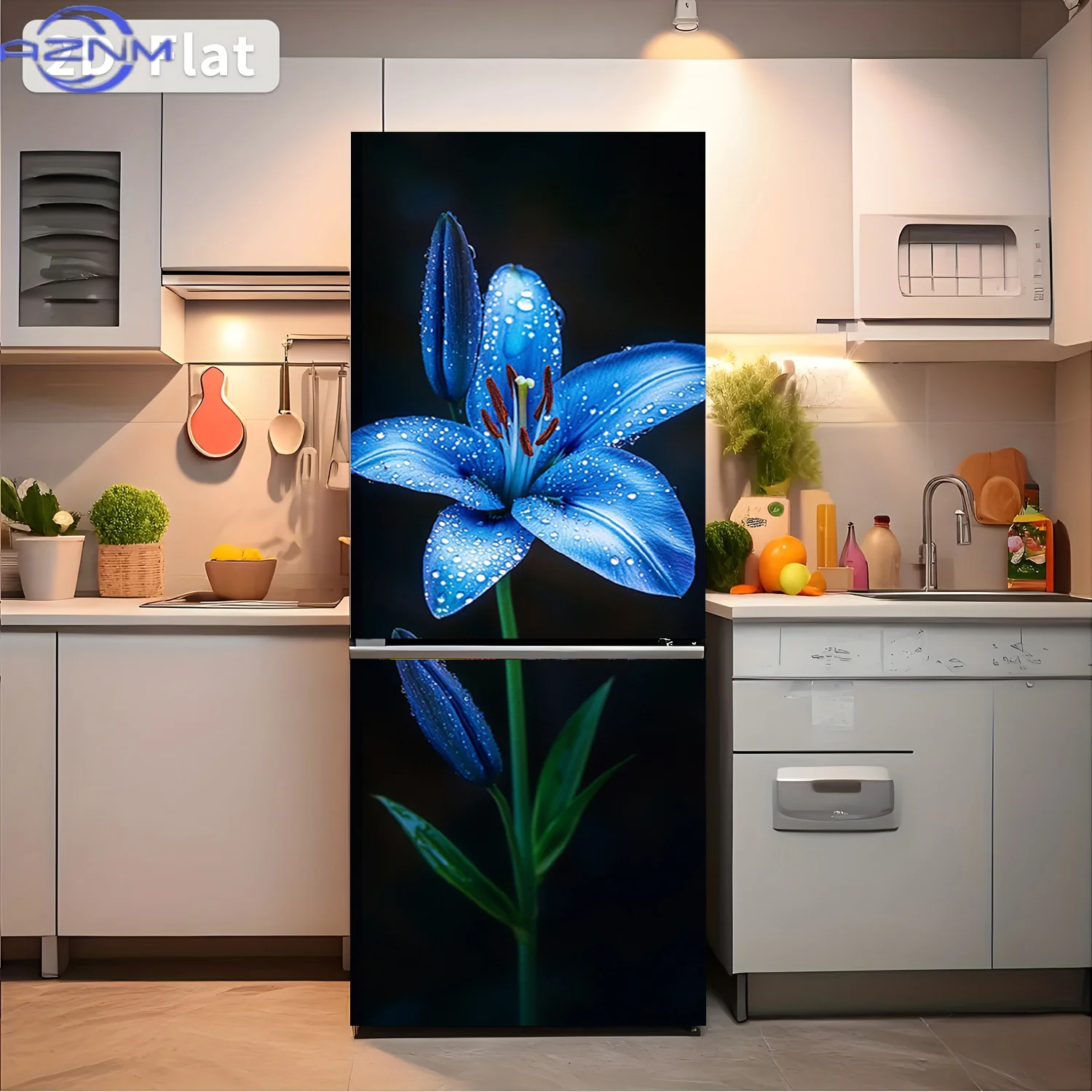 2D Flat Printing 1pc Refrigerator Sticker  Blue Lily with Water Droplets Themed Design Wall Sticker Decorative Wallpaper Self-