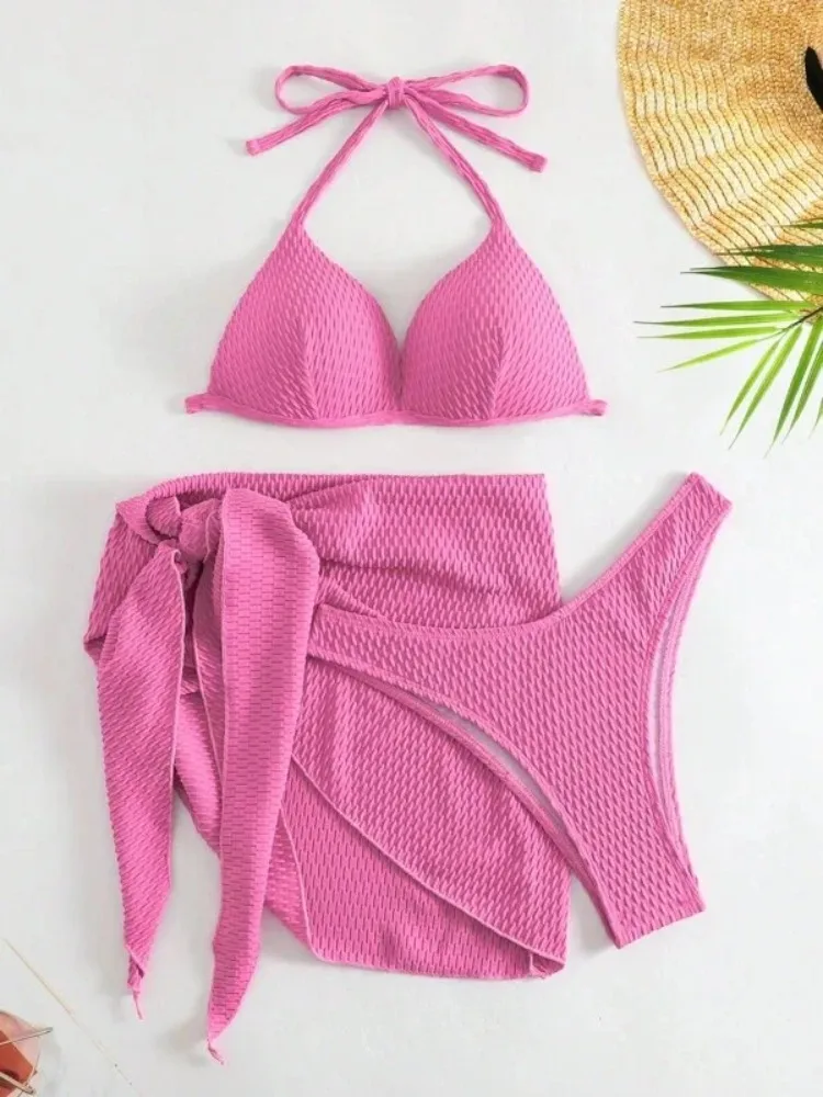 Conjunto de Bikini de realce para mujer, de 3 piezas con falda traje de baño, tanga blanco, ropa de playa