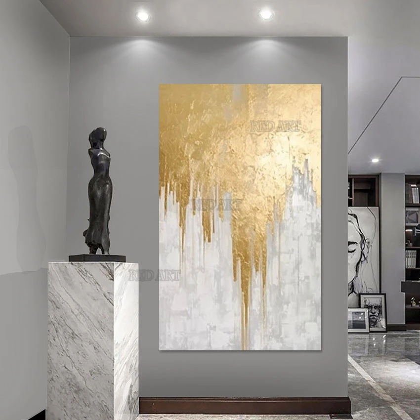 Luxury Decorative Item Abstract Artwork Gold Foil Painting Pure Handmade Canvas Texture Wall Art For Hotel Showpieces