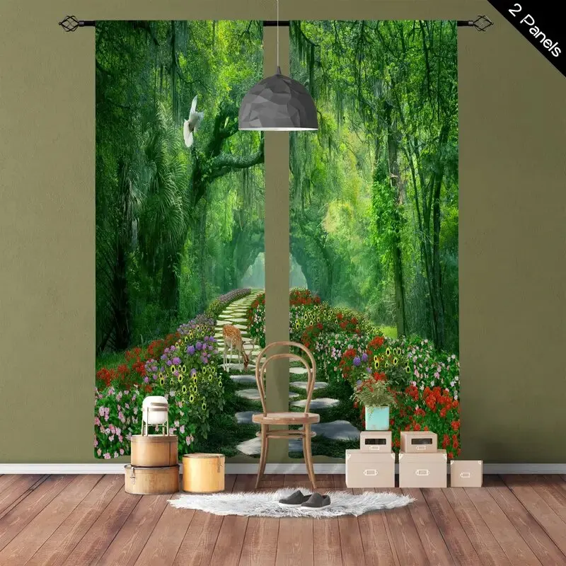 ستائر مطبوعة لمسار الغابة والزهور، ستائر كيس عمود، 42*84، غرفة النوم وغرفة المعيشة، ديكور المنزل، ديكور الغرفة