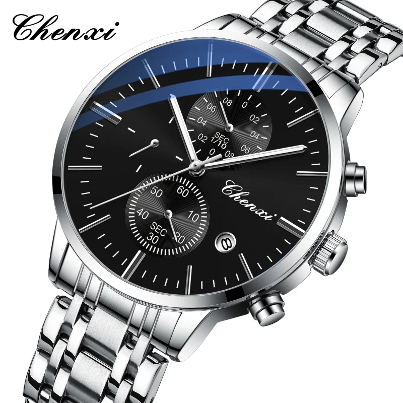CHENXI 971 남성용 쿼츠 시계, 달력 크로노그래프 비즈니스 손목시계, 스테인리스 스틸 스트랩, 방수 클래식 남성 시계