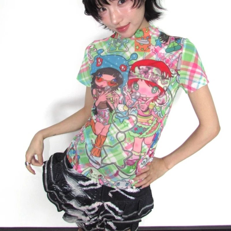 Japanese Original Women's Clothing Summer New Cartoon Animation Printing Tees Candy Two-color Mesh Short-sleeved T-shirt Ladies