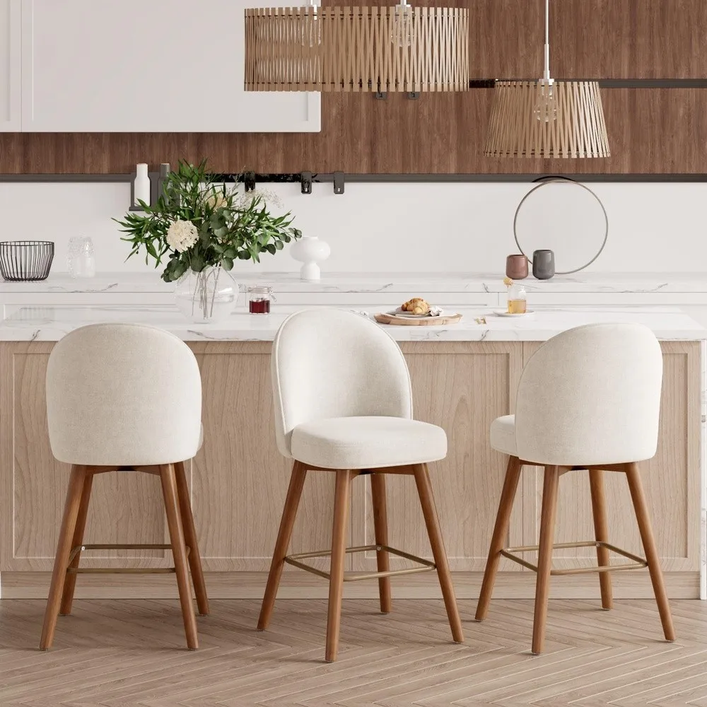 Modern Swivel Bar Stools Set of 3 Chic Upholstered Counter Height（26IN） Bar Chair with Back Solid Wood Legs and Footrest