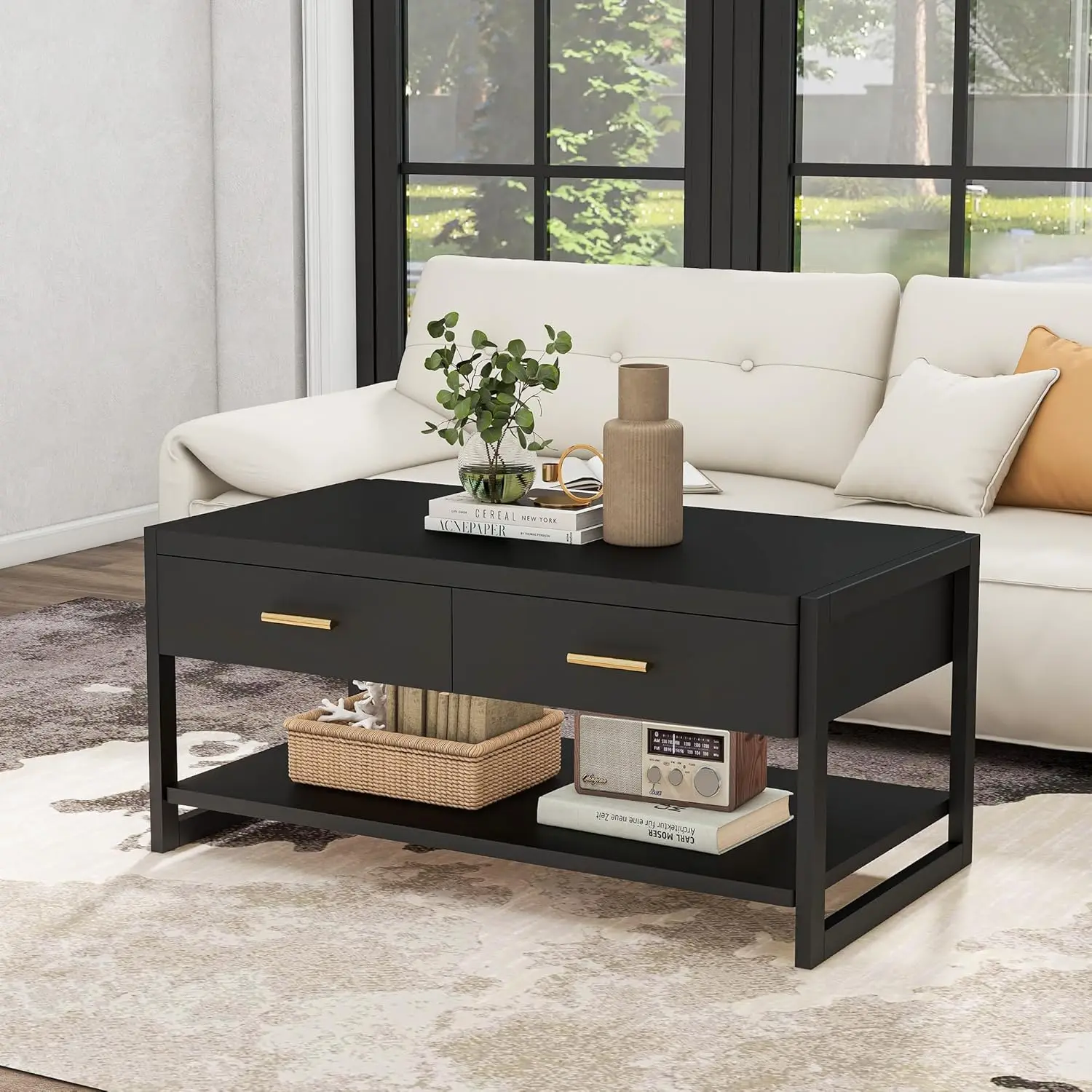 

Solid Wood Coffee Table with Storage Living Room Table with 2 Drawers Shelf & Reinforced Legs