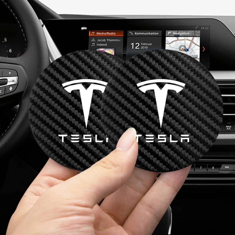 For 2Pcs Water Cup Mats Car Logo Leather Mats Noise Reduction Tesla Model 3 Y S X Cybertruck Juguete Roadster Coil Bonina view 6