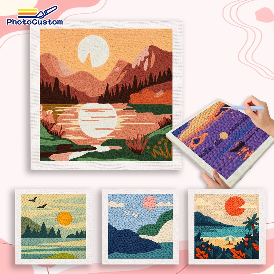 

PhotoCustom Sunset Punch Needle Embroidery For Adults Diy Making Kits Landscape Starter Needle Point Kit Wall Art Embroidery Nee