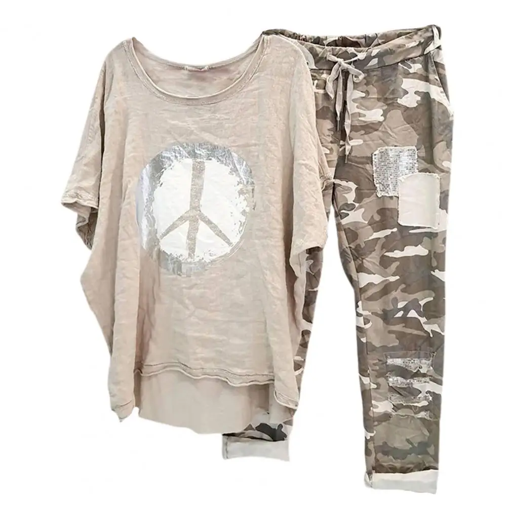 Shirts Pants Set Woman 2 Pieces Elegant T-shirt Pants Camouflage Drawstring Summer Relaxed Fit Asymmetrical Outfit Streetwear