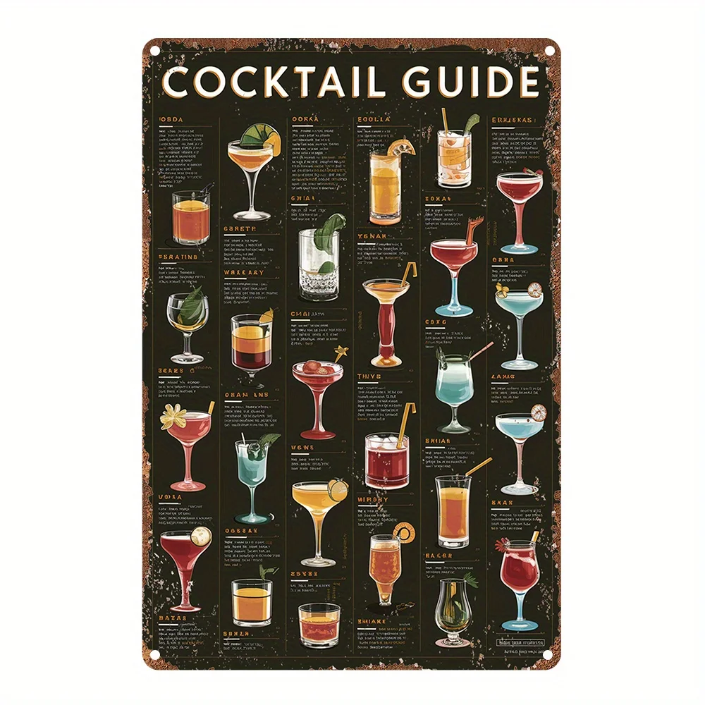 Letrero de metal con guía de cócteles vintage, arte de pared de aluminio con recetas clásicas de bebidas mixtas, decoración de bar retro para el hogar, cocina, Gard