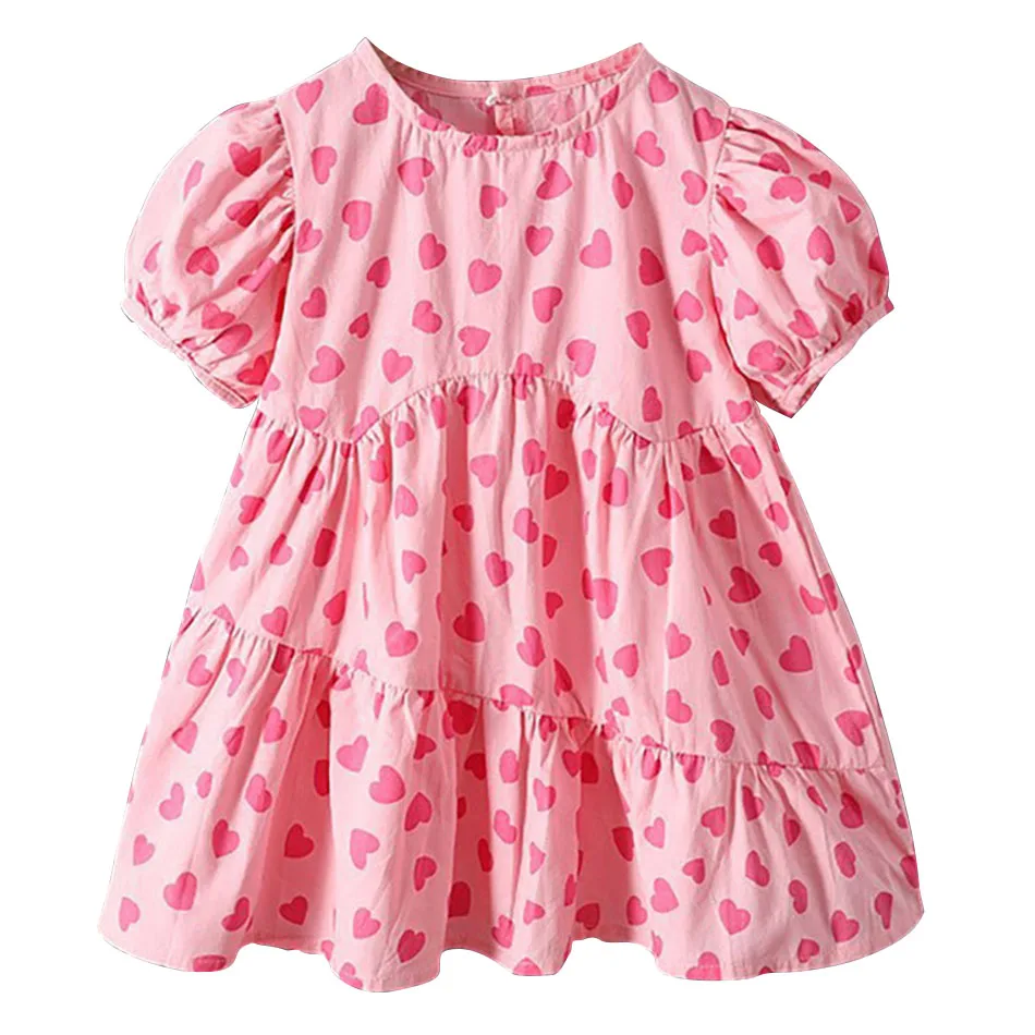 Children's Clothing Summer Girls Fresh Flowers Bubble Sleeves Hollow Dresses Short Sleeves Full Print Love Cotton Dresses