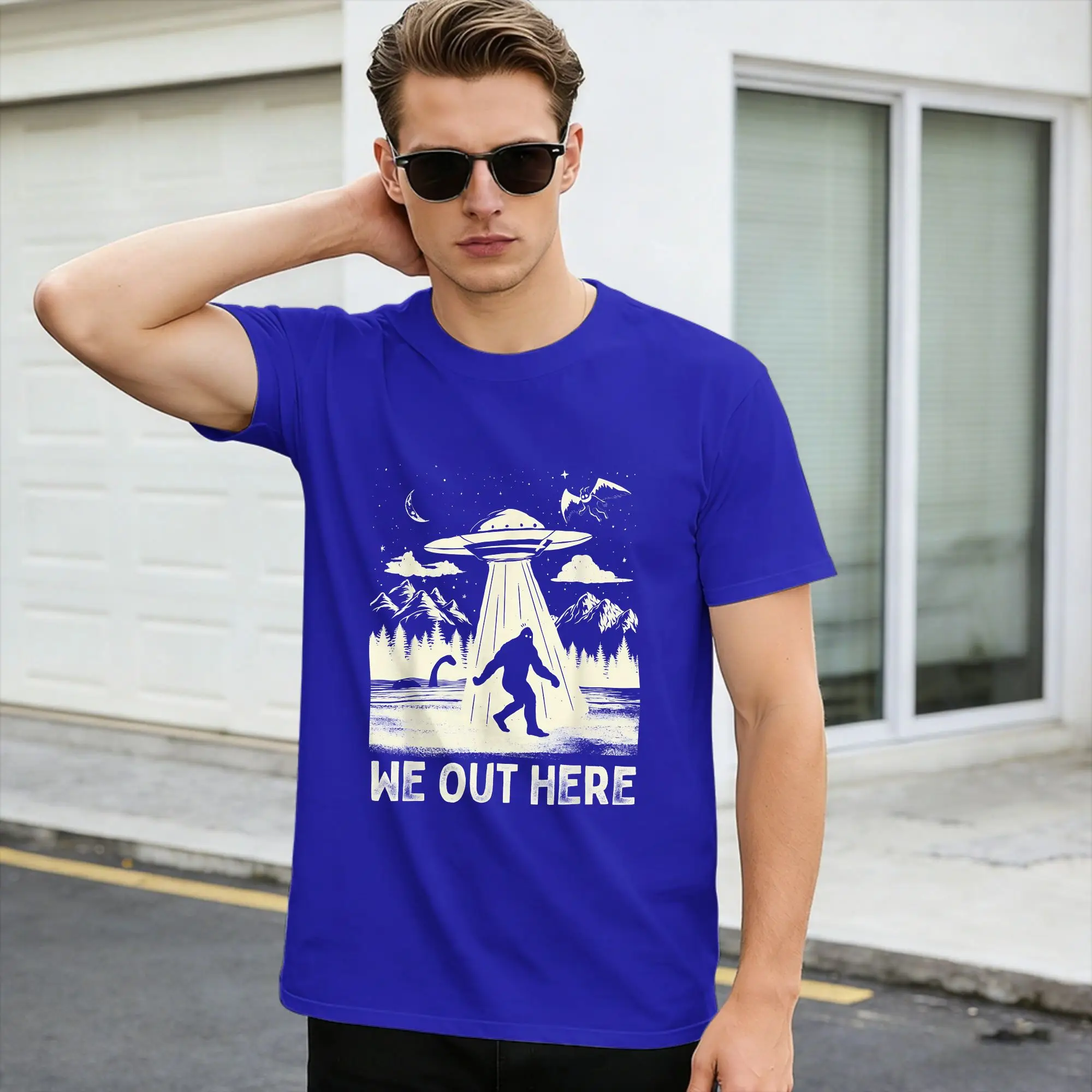 Oversized T Shirt Summer We Out Here Funny Bigfoot Cryptid UFO Abduction Trendy Cool T-Shirts  Pure Cotton Top Tees,