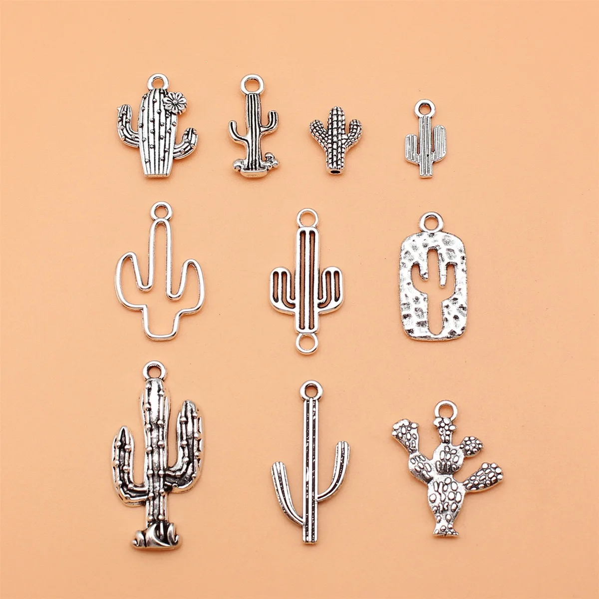 10pcs Antique Silver Color Cactus Charms Collection For DIY Jewelry Making, 10 Styles, 1 of Each