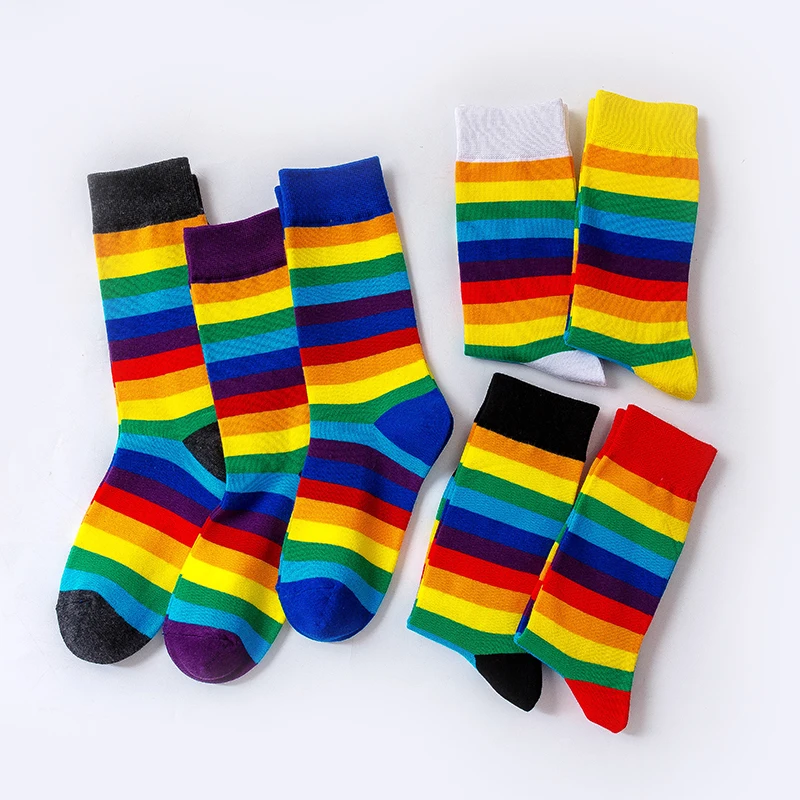 7 Pairs Rainbow Striped Women Socks Cute Elasticity Sweat School Girl Mid Tube Sock Casual Retro Breathable Harajuku Sport Socks