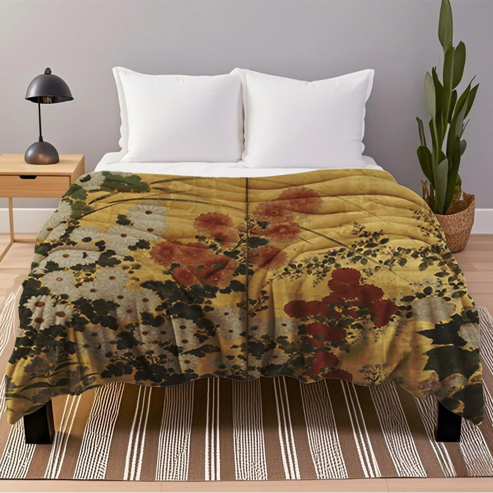 الربيع/الخريف الصوف بطانية أبيض أحمر أقحوان الأزهار اليابانية الذهب شاشة طباعة رمي غطاء لحاف الأوروبية الكلاسيكية