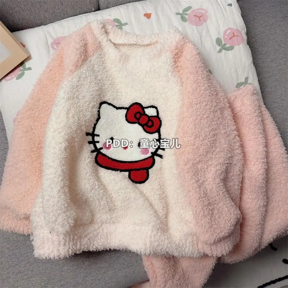 Hello Kitty 2Pcs Autumn Winter Kids Flannel Pajama Cinnamoroll Kuromi Anime Sanrios Kawaii Girl Boys Warm Loungewear Homewear