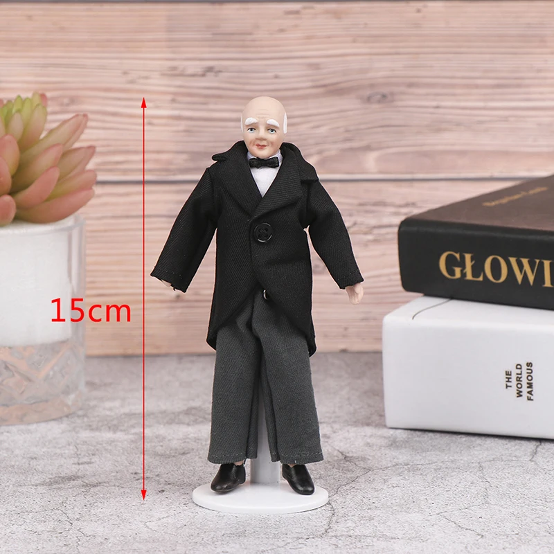Hot Sale 1:12 Dollhouse Miniature Porcelain Doll Model Old Man Servant Butler Doll Toy