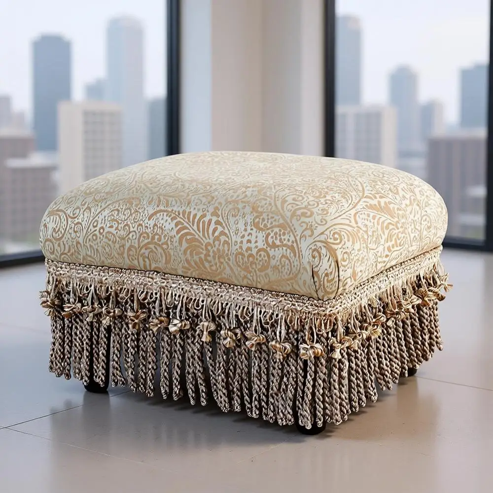 

Silvery Blue Paisley Accent Ottoman with Beige Trim