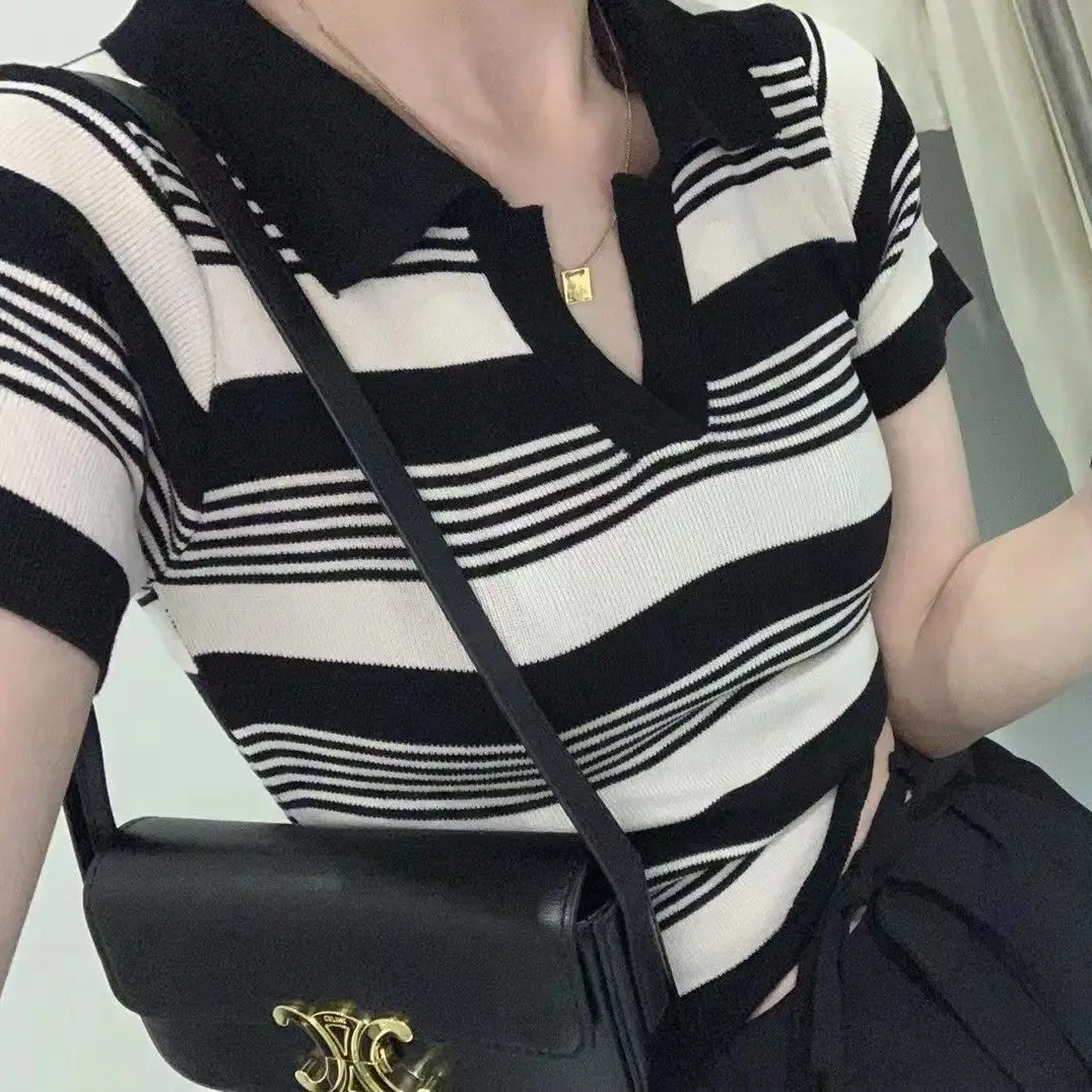 

Elegant Striped Patchwork Blouse Women Short Sleeve Office Wear 2025 Summer T-shirt Fashion Loose Casual Polo Neck Tops Z477