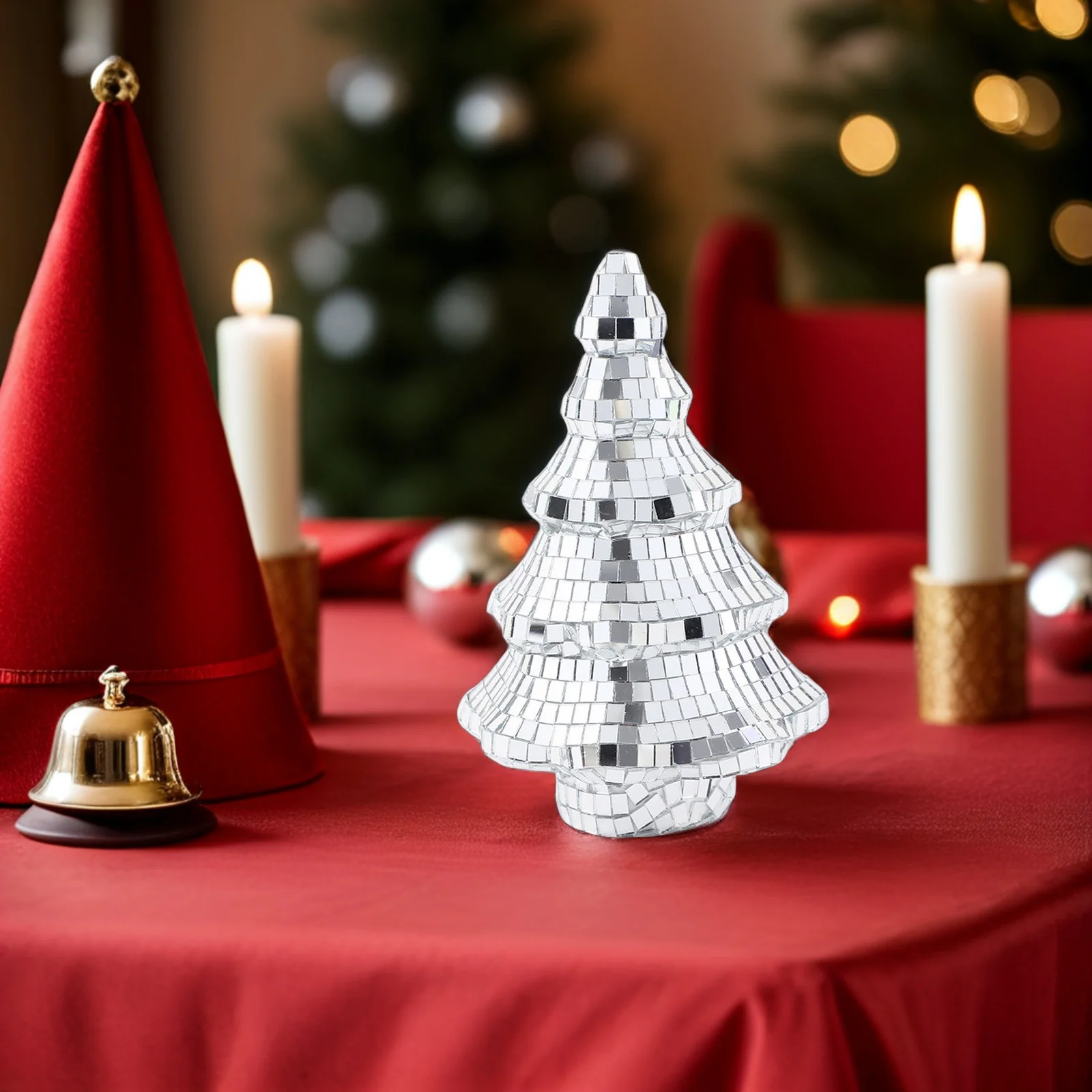 

Mini Silver Disco Ball Christmas Tree Tabletop Artificial Decorative Xmas Centerpiece for Holiday Home Party Desk Display