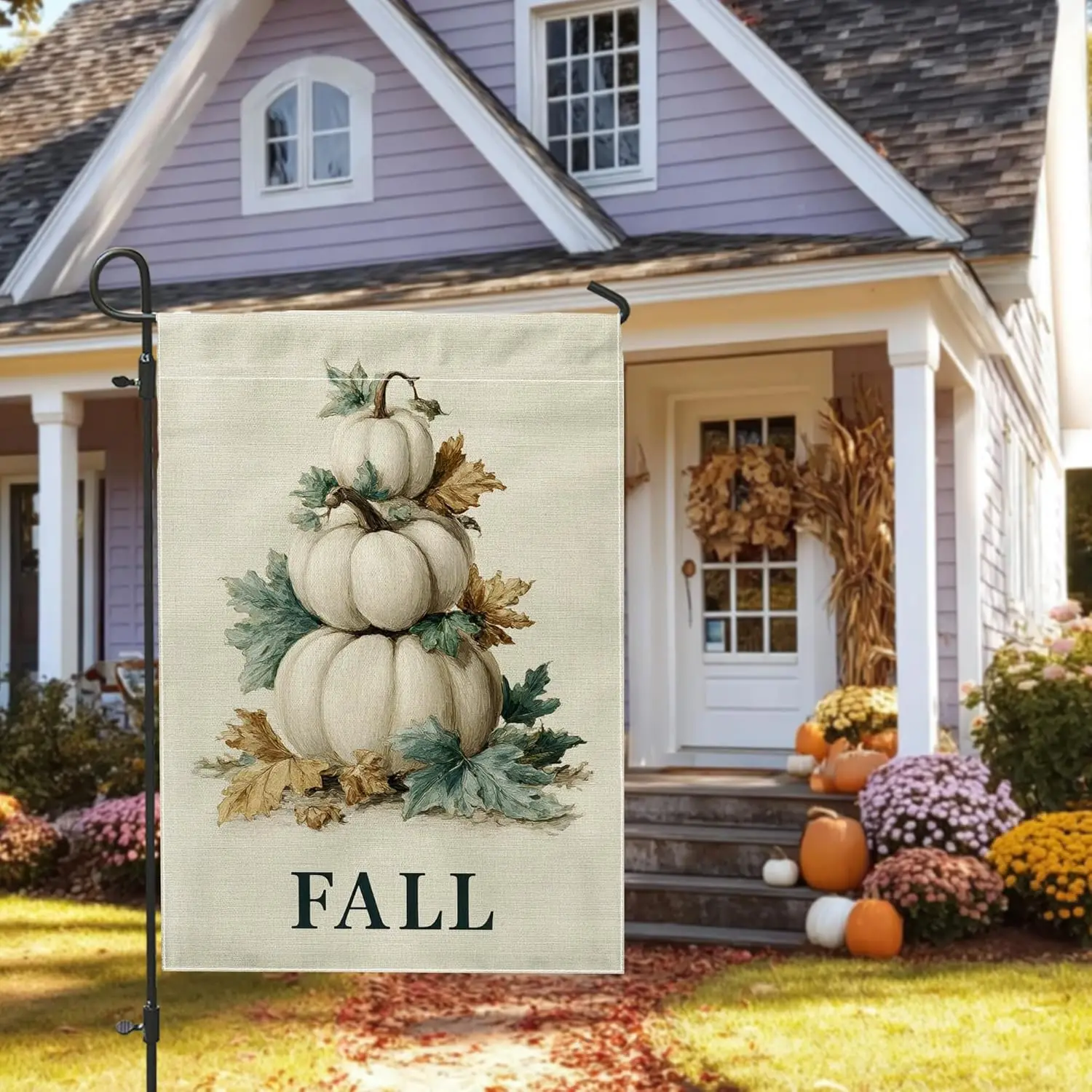 Autumn Pumpkin Garden Flag, Cream White Stack of Gourds Fall Home Decor Banner, Double Sided Burlap Outdoor Yard Flag Season yyi