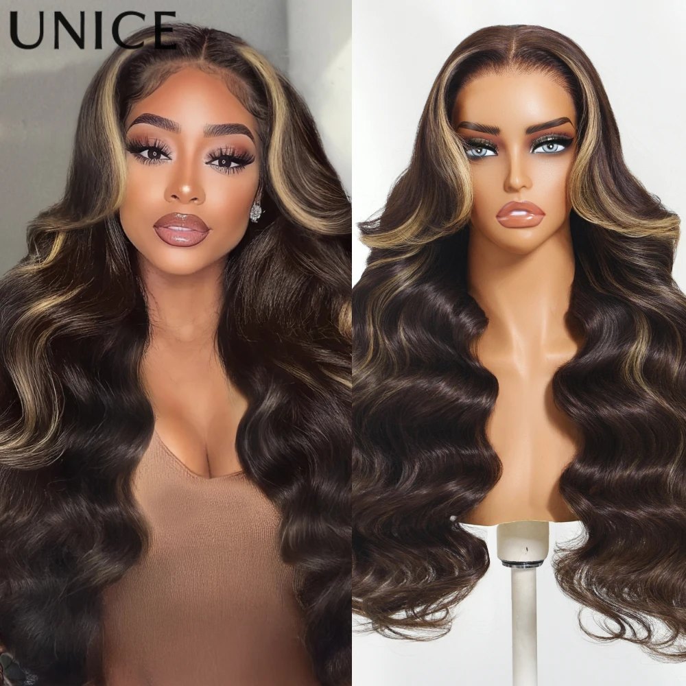 

UNICE Hair Blonde Highlights Brown Wig 7x5 Pre Cut Pre Bleached Glueless Wig Human Hair With Face Framing Curtain Bangs
