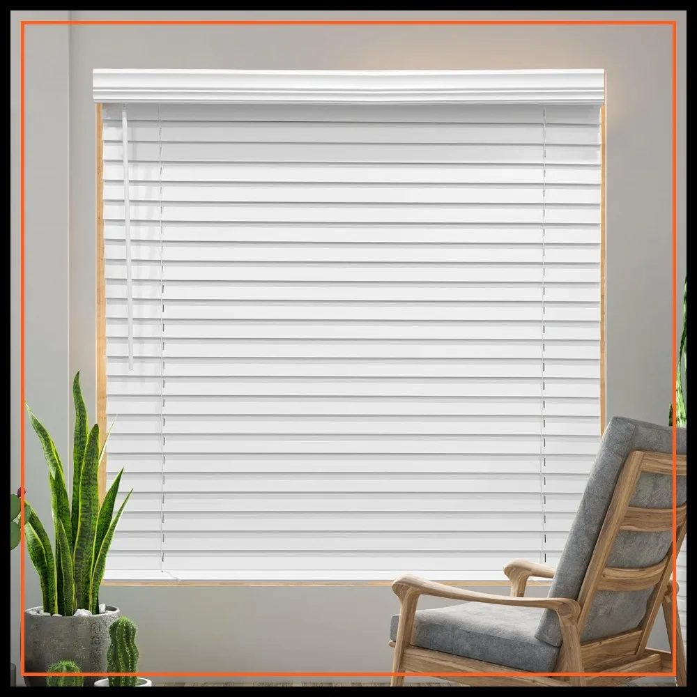 

35" W x 60" H Cordless Faux Wood Blinds, 2" Slat, White, Room Darkening, Waterproof, Inside/Outside Mount