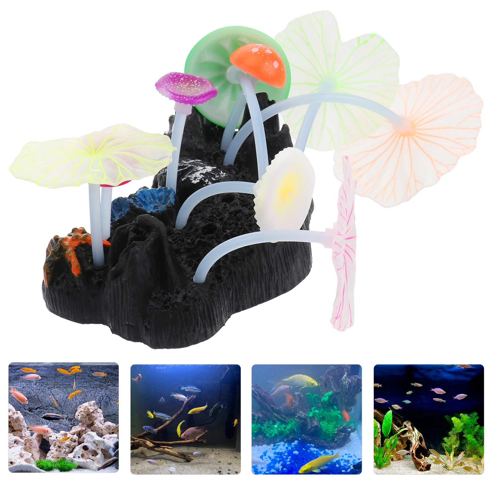 

Aquarium Lotus Leaf Fish Night Lights Tank Decoration Silicone Ornament Landscape Decoration (4 Lotus Leaves 5 Mushrooms)