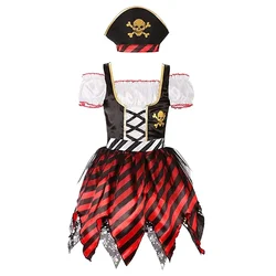 Kid Girls Pirate Costume Outfit Striped Short Sleeve Irregular Hem Dress Pirate Hat for Halloween Cosplay Prium Party