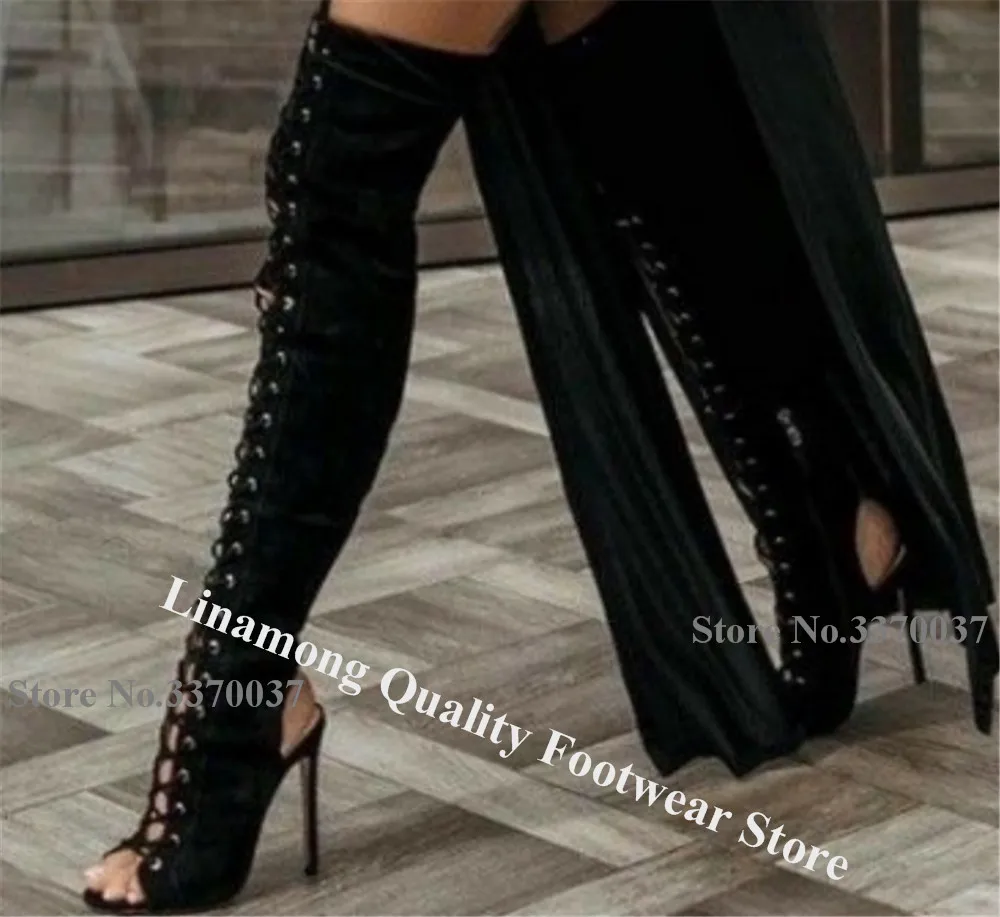 Linamong Black Suede Stiletto Heel Over Knee Gladiator Boots Sexy Peep Toe Cut-out Slim Style Thin Heel Lace-up Long Boots