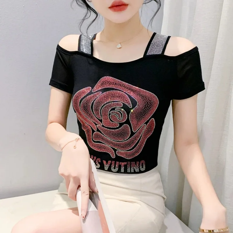 

Sexy Off Shoulder Fashion Shiny Diamonds T-shirt Women's New Summer Mesh Slim Tees Top Ladies Streetwear Shirts Blouse