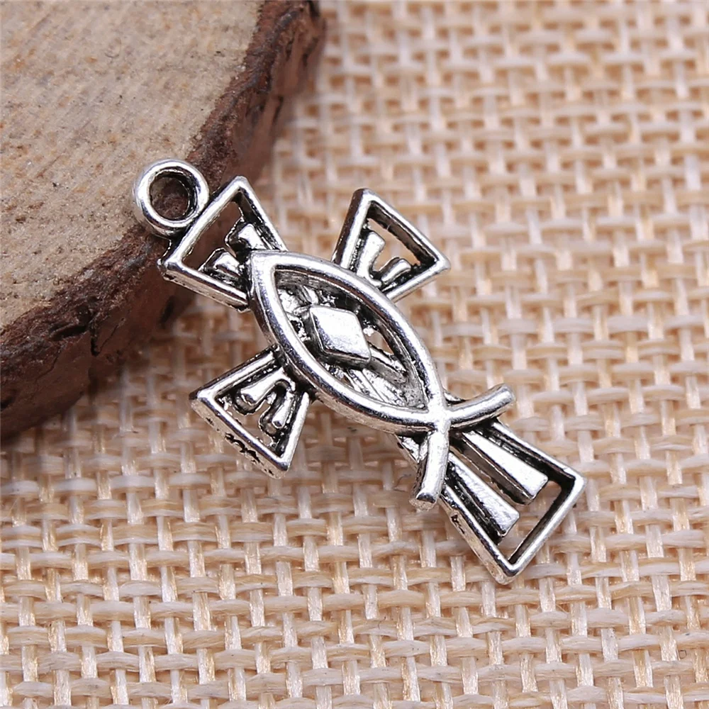 WYSIWYG 10pcs Charms Christian Jesus Fish Cross 14x26mm Antique Silver Color For Jewelry Making Jewelry Findings