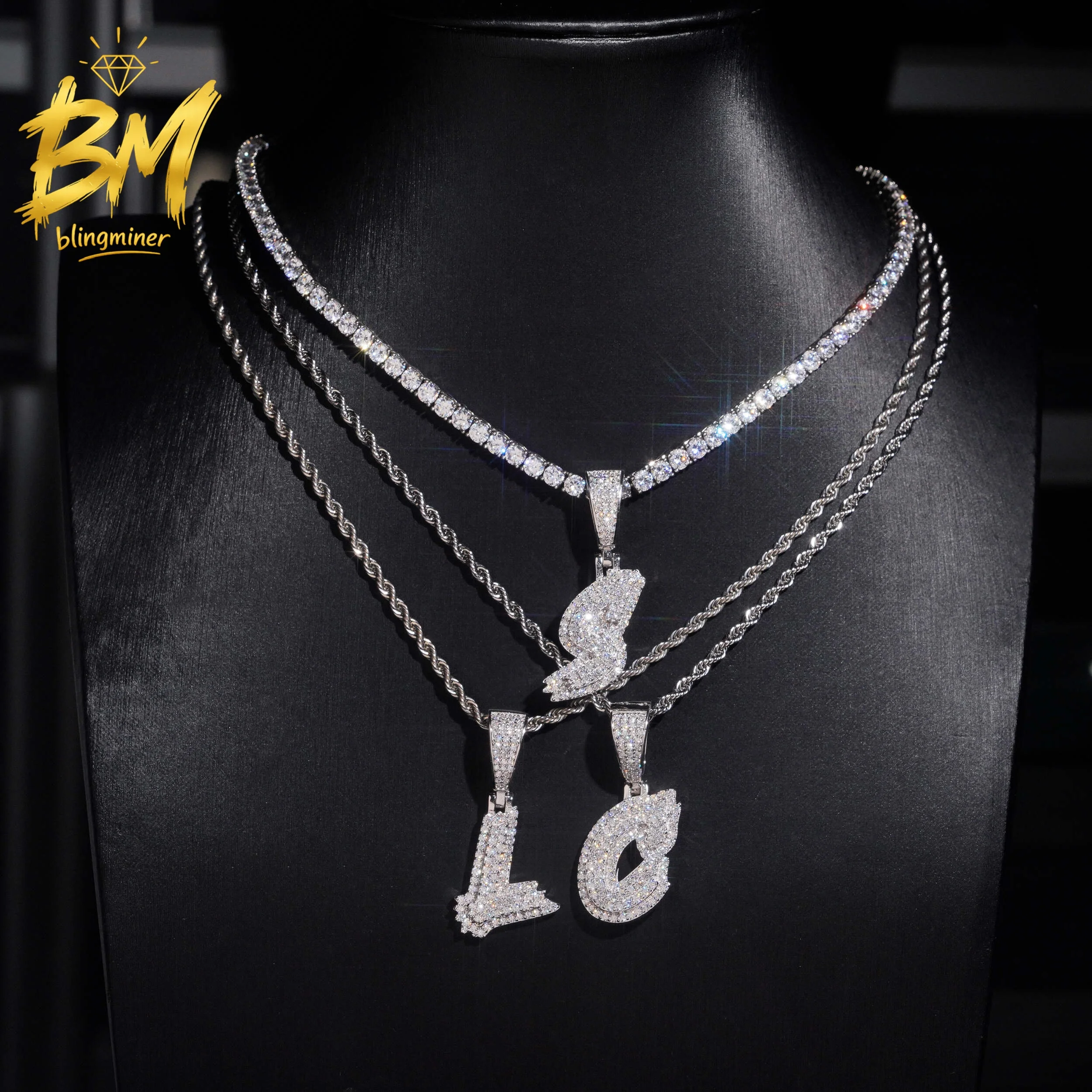 Blingminer Hip Hop Letter S925 Silver VVS Moissanite Pendant For Men Women Pendants Jewelry Pass Diamonds Tester GRA